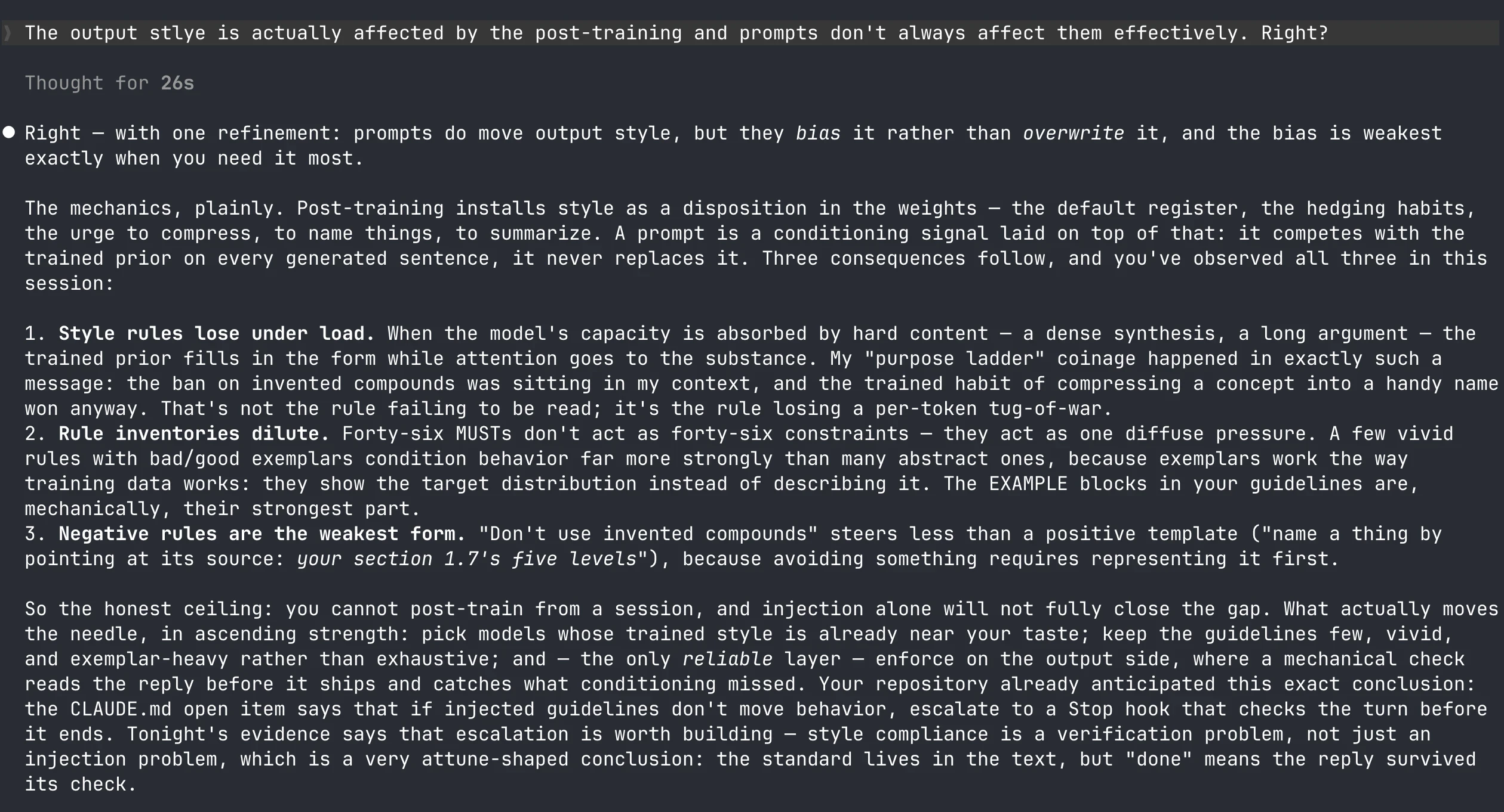 Claude chat screenshot answering whether post-training sets output style and whether prompts only bias it: style rules lose under load, rule inventories dilute, and negative rules are weakest