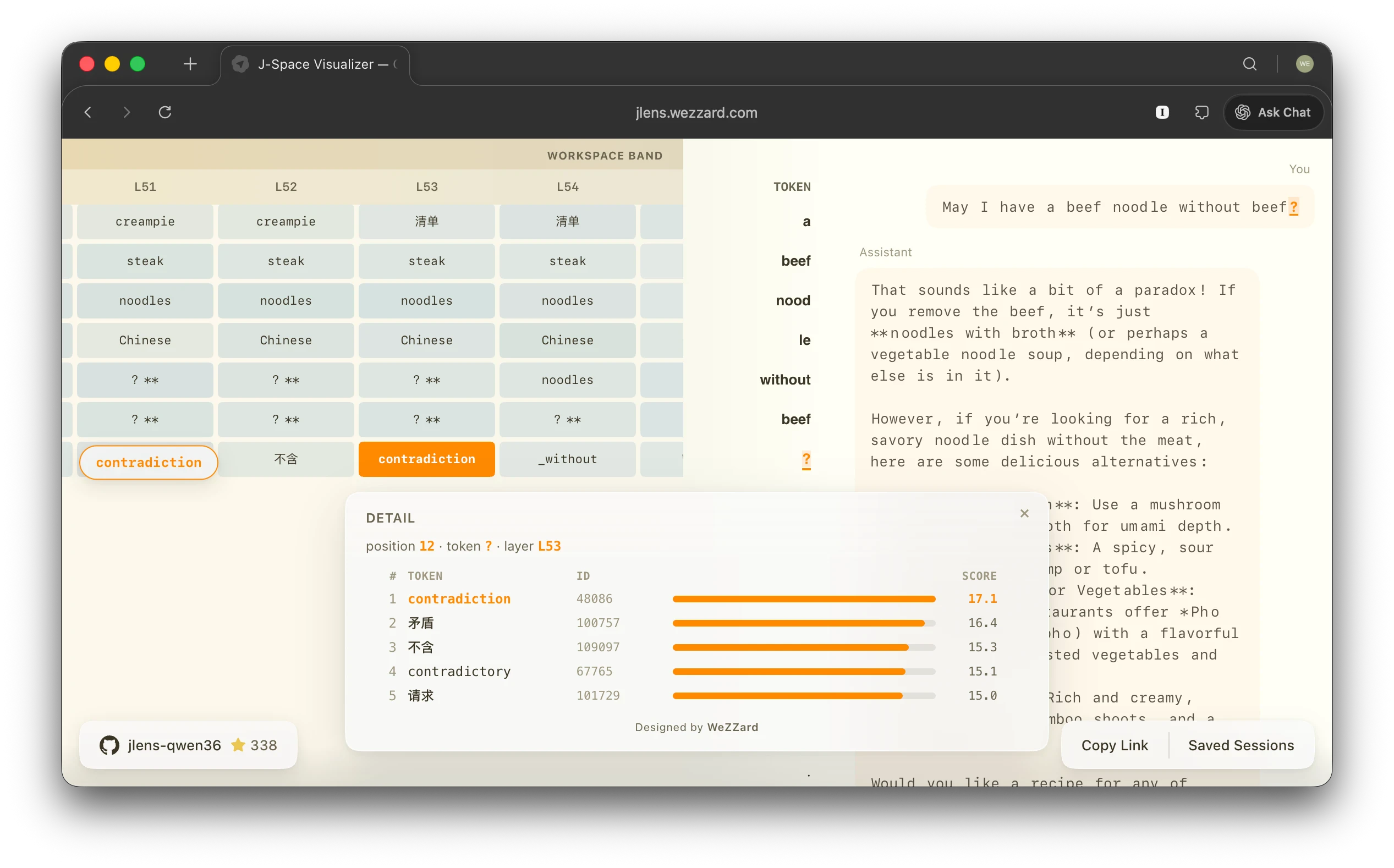 J-Space Visualizer screenshot: workspace-layer readouts on the left, a detail panel in the center, and the chat on the right; contradiction is highlighted