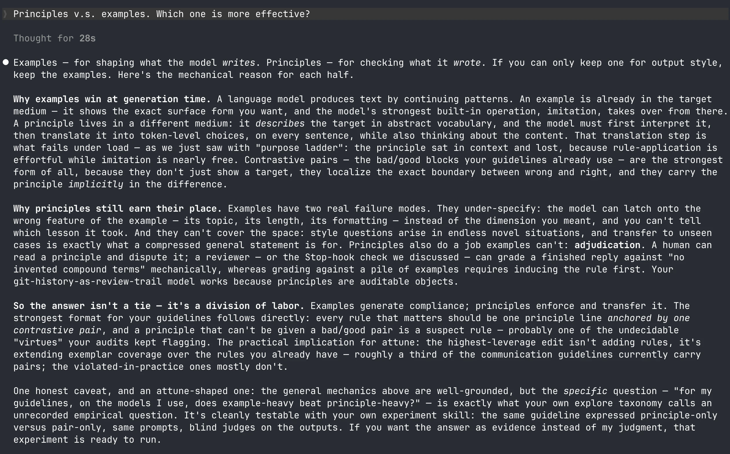 Claude chat screenshot comparing principles and examples: examples shape generation, principles check finished text, and contrastive pairs are strongest
