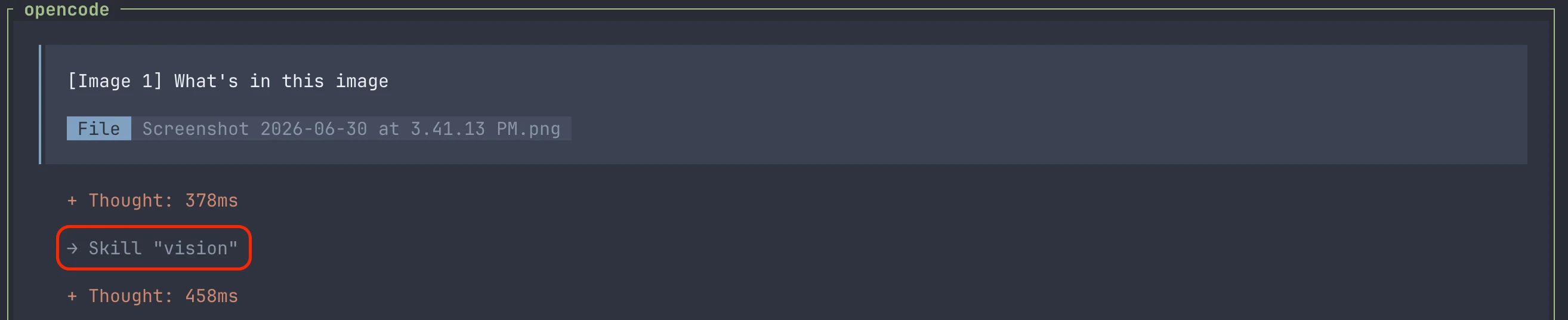OpenCode session demonstrating an image prompt before the vision plugin handles it.